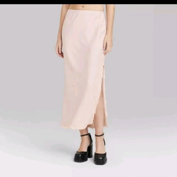 Wild Fable Women's Light Pink Satin Lace Trim Midi Skirt Berry Size M Waist 16 - Picture 7 of 8